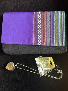 Purple & Black Prayer Bead Case and silver tone lotus heart charm necklace.